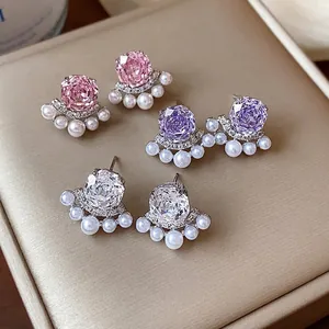 Elegant French style zircon flower and pearl stud earrings in pink, purple, and white