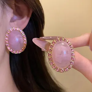 Vintage Palace Style Oval Pink Acrylic Stud Earrings Gold Plated Rhinestone Jewelry Women With 925 Sterling Silver Post