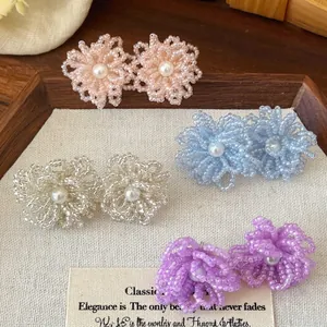 Korean Sweet Floral Beaded Stud Earrings With Silver Earring Post Artificial Pearl Flower Earrings For Women Jewelry Gift