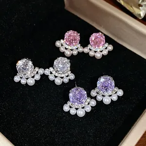Elegant French style silver needle zircon and pearl stud earrings set for women