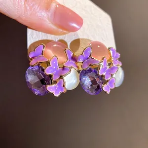 Vintage sweet butterfly stud earrings with purple drip oil and crystal stones