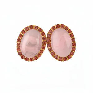 Vintage palace style pink acrylic oval stud earrings with rhinestone halo, silver needle