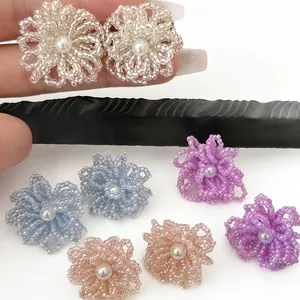 Elegant Korean style handmade beaded flower stud earrings with pearls for sweet girls