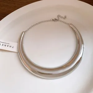 Primo piano di una collana a girocollo in metallo argentato lucido su un piatto