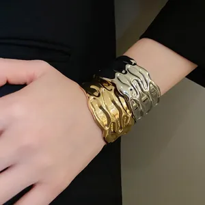 Western Style Metallic Wave Texture Open Cuff Bracelet Vintage Minimalist Adjustable Bangle For Women Fashion Jewelry Gift