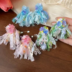 Orecchini a Bottone in Resina Fiore Nappina in Nastro Con Perno in Argento Sterling 925 Gioielli Bohemian Eleganti per Donna
