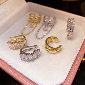 18K gold plated heart zircon ear cuffs set in elegant jewelry box