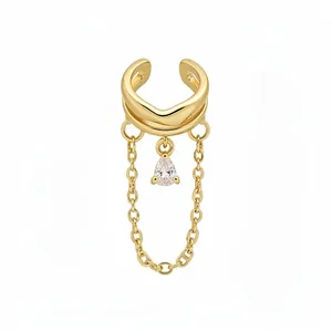 Elegant 18k gold plated heart ear cuff with delicate hanging chain and pear zircon stone.