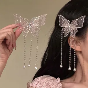 Elegante Molletta per Capelli a Farfalla in Rete Rosa Con Nappina Lunga Perla Artificiale Strass Clip a Becco d'Anatra da Donna Accessori per Capelli Dolci