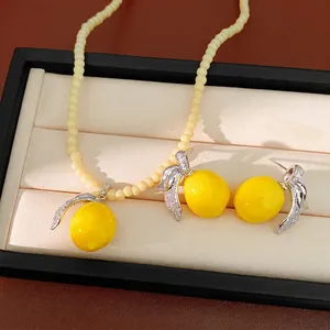 Colección Joyas Limón Fruta Resina Circonia para Mujer Cobre Galvanizado Gargantilla Cuentas Collar Pendientes Accesorio