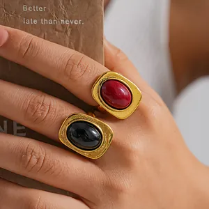 Anillo Abierto de Resina de Aleación Geométrica Vintage para Mujer Retro Chapado en Oro Ovalado Cuadrado Ajustable Anillo de Declaración Joyería Medieval