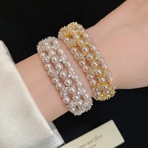 Vintage Multilayer Artificial Pearl Bracelet With Copper Zirconia Flower Elegant High End Hand Jewelry For Women Party Wedding