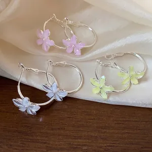Korean style silver needle hoop earrings with delicate colorful resin flowers set
