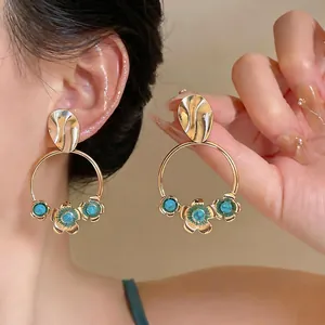 French Vintage Gold Round Acrylic Floral Stud Earrings With 925 Sterling Silver Post For Women Fashion Jewelry Gift