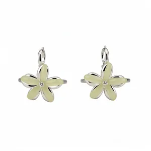 Elegant pale yellow resin flower hoop earrings with silver finish and center crystal stone