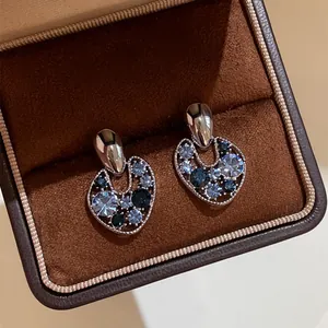Irregular Hollow Blue Rhinestone Stud Earrings Vintage Luxurious Alloy Jewelry With Silver Earring Post For Women