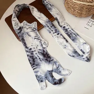 Collier cravate avec imprimé chat réaliste, accessoire de mode style doux et cool