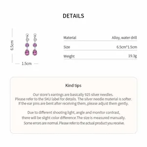 Detailed specification chart for geometric purple rhinestone water drop tassel earrings