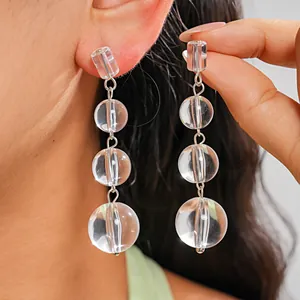 Boucles d'Oreilles Pendantes Minimalistes Européennes en Verre Transparent avec Gland de Perles Rondes pour Femmes Bijoux Géométriques Tige en Argent