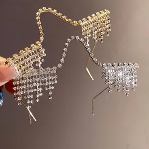Niche Design Copper Zirconia Tassel Decorative Glasses Frame Retro Rhinestone Inlaid No Lens Eyewear Accessory For Women Party