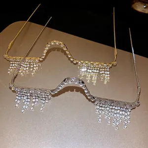 Fashionable rhinestone tassel glasses frame with no lenses in gold and silver finishes