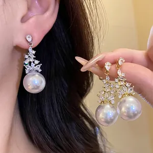 Vintage Copper Zirconia Artificial Pearl Pendant Earrings With Silver Earring Post For Women Elegant Jewelry