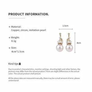 Detail specifications for vintage copper pendant earrings with zircon and imitation pearls.