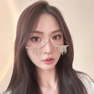 Close-up detail of rhinestone tassel decorative glasses frame worn by an Asian model