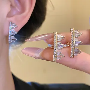 Vintage Irregular Geometric Copper Zirconia Clip Earrings For Women Luxury Non Pierced Earrings Gold Silver Fashion Jewelry Gift
