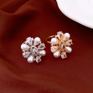 French Vintage 14K Gold Plated Flower Open Ring For Women Elegant Zirconia Artificial Pearl Adjustable Finger Ring Jewelry