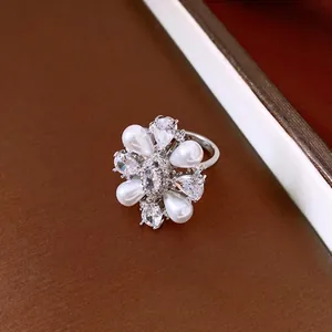 Vintage French style flower open ring with white teardrop pearls and cubic zirconia