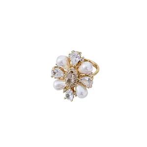 Elegant 14k gold plated flower ring with pearls and sparkling zircons, adjustable size