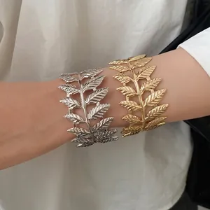 Elegant gold and silver metal leaf pattern open cuff bracelets for women's fashion