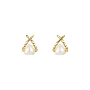 Elegant French style cream white heart pearl stud earrings with gold cross design