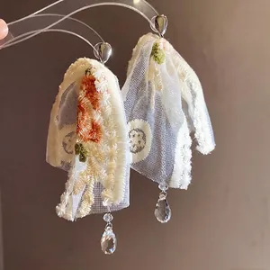 Romantic white lace flower embroidery earrings with clear crystal water drop tassels for women