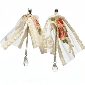 Vacation style floral lace tassel earrings with silver posts and crystal water drops.