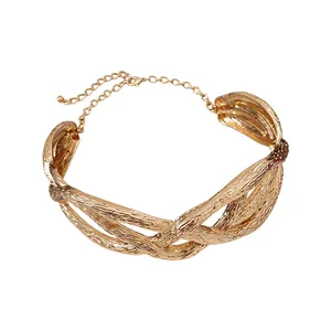 Elegant irregular golden metal crumpled woven necklace with adjustable extension chain