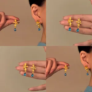 Minimalist Flower Waterdrop Zirconia Stud Earrings For Women Copper Real Gold Plated Silver Earring Post Elegant Dainty Jewelry Accessory