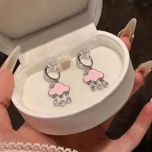 Sweet pink enamel cloud clip-on earrings with sparkling zircon raindrops for women