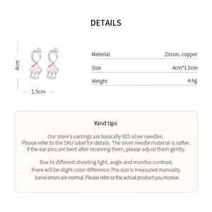 Detail view of pink cloud-shaped drop earrings with zircon and size specs