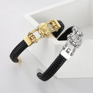 Bracelet homme en cuir tressé avec tête de lion en acier inoxydable coloris or argent
