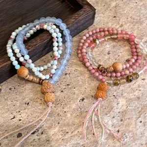Vintage Chinese Style Rhodochrosite Beaded Bracelet For Women Elegant Multi Layer Wood Handcrafted Gemstone Bracelet Jewelry