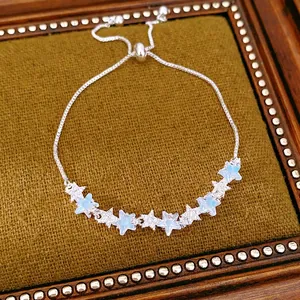 Elegant Star Adjustable Bolo Bracelet For Women Copper Silver Plated Inlaid Blue White Zirconia Light Luxury Niche Design Jewelry Gift