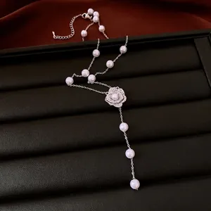 Vintage Artificial Pearl Beaded Zirconia Flower Pendant Necklace Elegant French Camellia Style Silver Plated Copper Jewelry For Women