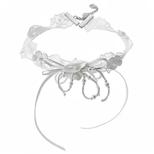 Elegant white lace choker necklace featuring delicate pearl tassels and floral accents