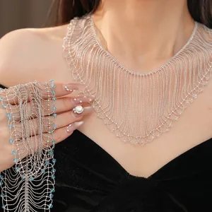 Luxury Palace Style Copper Glass Bead Tassel Lace Necklace Elegant Silver Plated Geometric Clavicle Chain Jewelry For Women Party