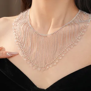 Luxurious silver fringe necklace with glass beads for a vintage court aesthetic style