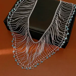 Elegant silver fringe necklace with light blue glass beads in vintage palace style