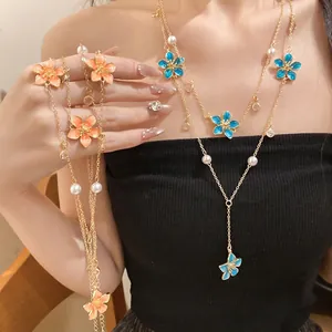 Bohemian Enamel Flower Pendant Necklace For Women Artificial Pearl Y-Shape Layered Chain Alloy Vacation Jewelry Accessory