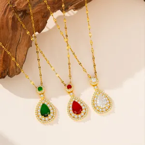 Collana con Pendente a Goccia in Zirconia in Acciaio al Titanio di Lusso per Donna Doppia Halo a Forma di Pera Placcato Oro